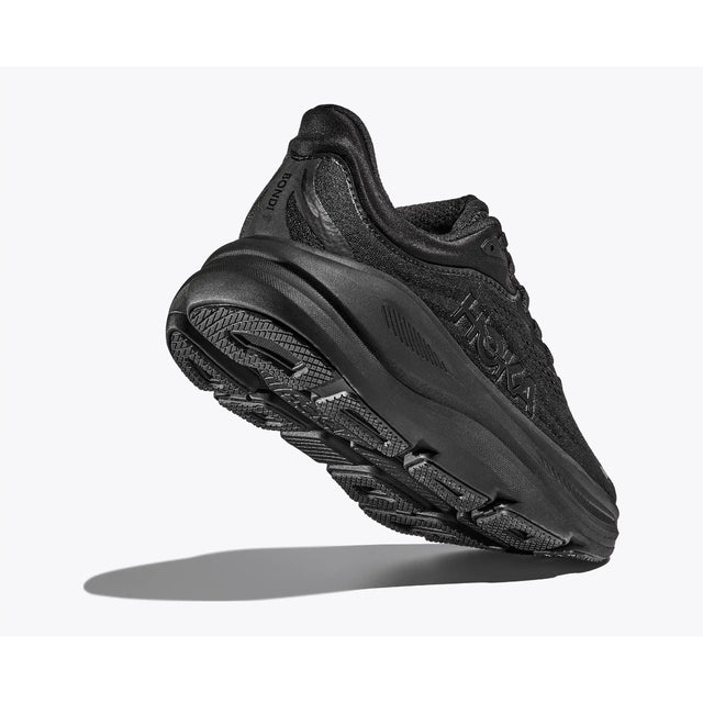 Sole view of men's black Hoka Bondi 9 running shoe