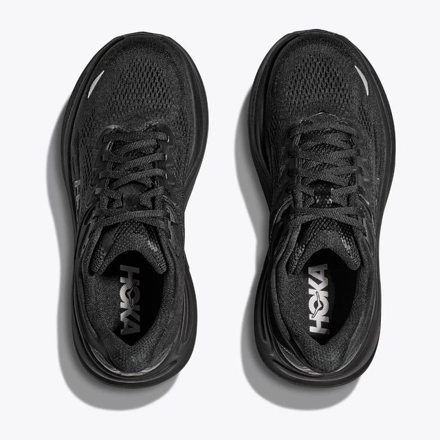 Top view of men's black Hoka Bondi 9 running shoes