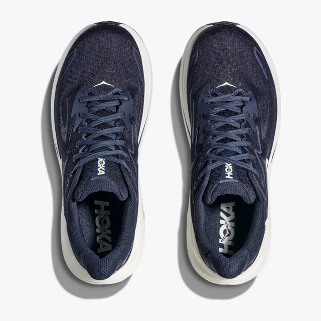 Top view of men's Hoka Clifton 10 running shoes in navy/white