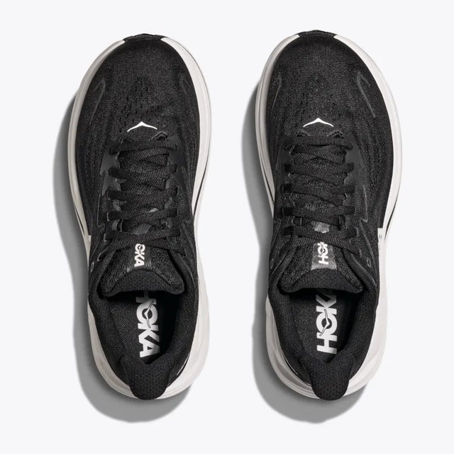 Top view of women's Hoka Clifton 10 running shoe in black/white