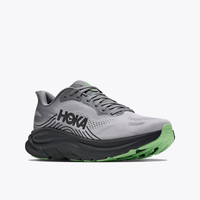 Angled side view of men's grey Hoka Clifton 11 running shoe