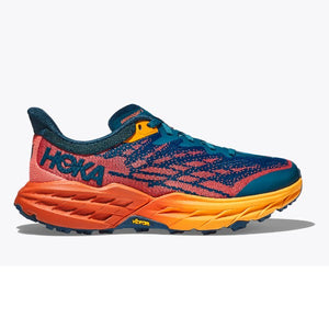 Side view of women's wide Hoka Speedgoat 5 trail running shoe in blue coral/blue camellia colour