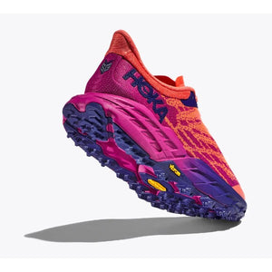 Sole view of women's wide Hoka Speedgoat 5 trail running shoe in fuchsia/camellia colour