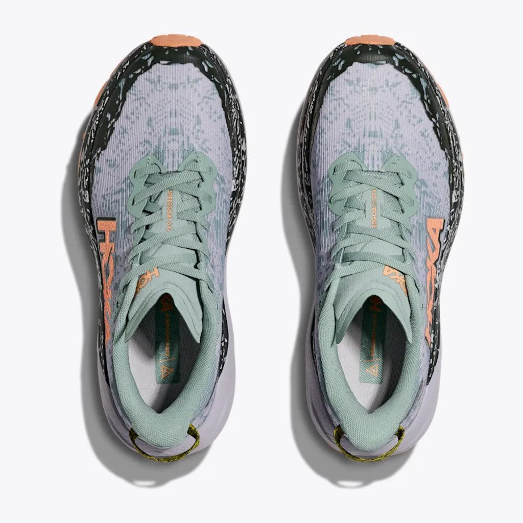Top view of women's Hoka Speedgoat 6 gore-tex trail running shoes in jade/grey colour