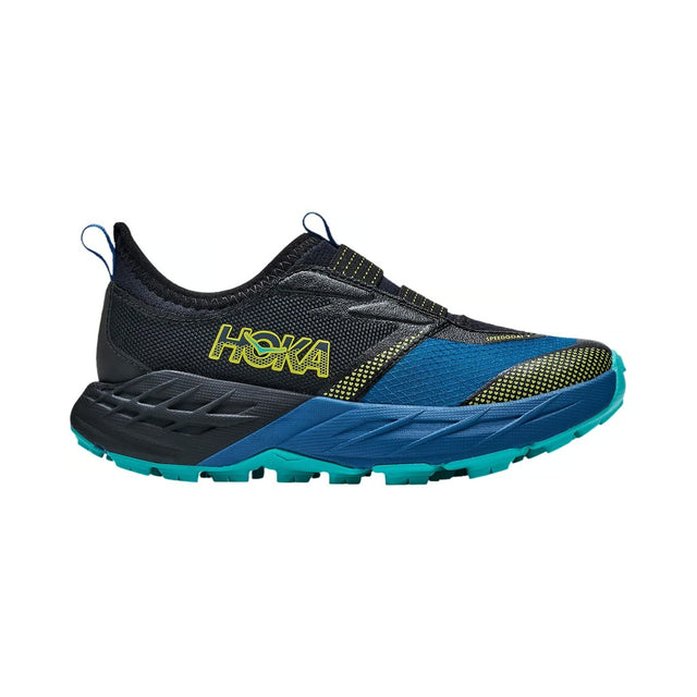 Side view of kids' blue/black Hoka Speedgoat 7 running shoe