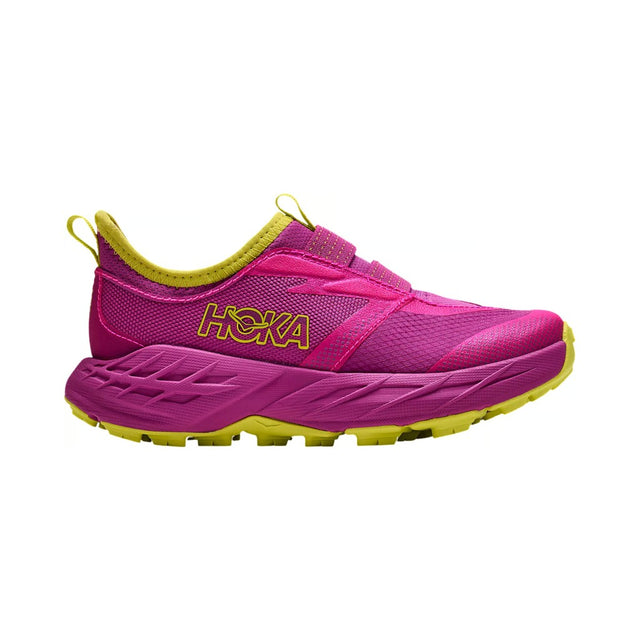 Side view of kids' pink/yellow Hoka Speedgoat 7 running shoe
