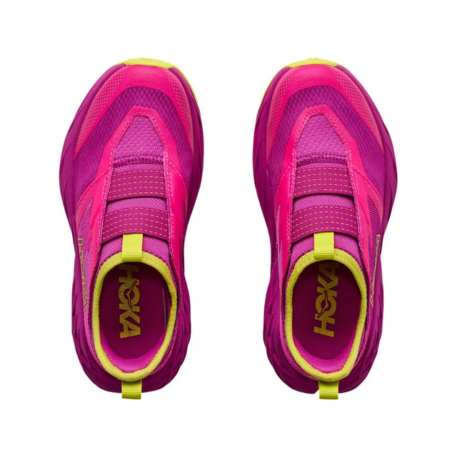 Top view of kids' pink/yellow Hoka Speedgoat 7 running shoes