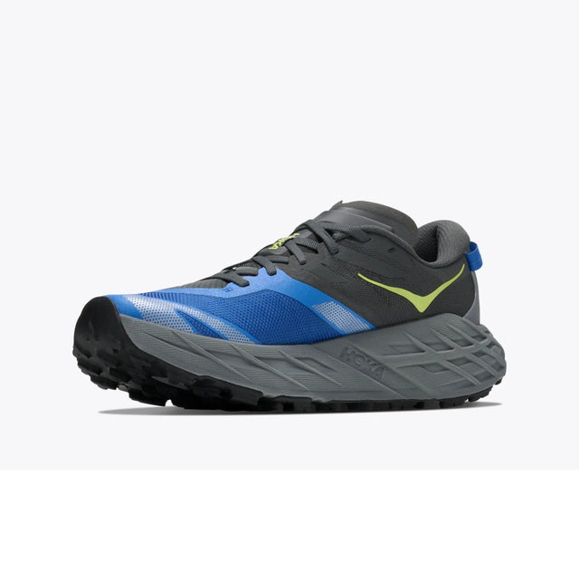 Inner side view of men's grey/blue Hoka Speedgoat 7 running shoe