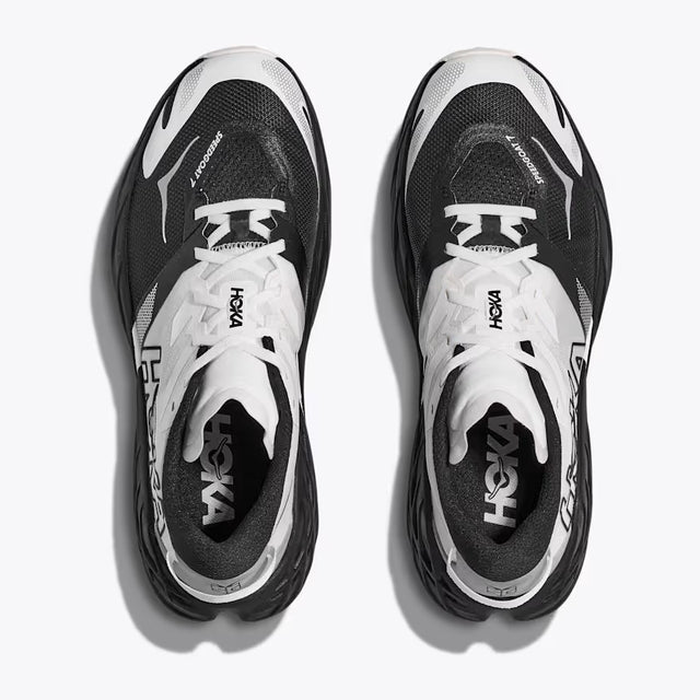 Top view of men's black/white Hoka Speedgoat 7 running shoe