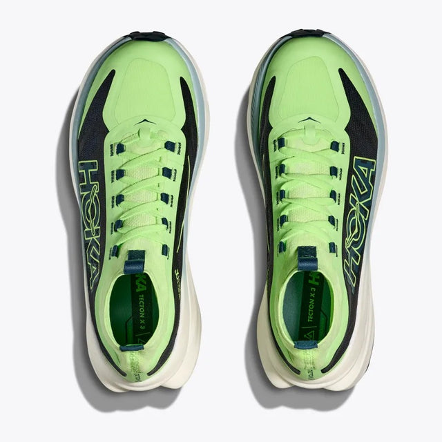 Top view of men's Hoka Tecton X 3 running shoes in apple/twilight colour