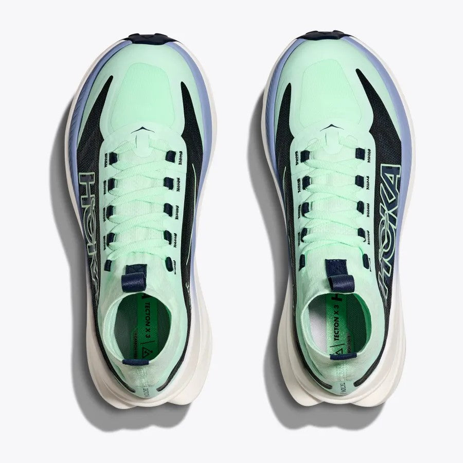 Top view of women's Hoka Tecton X 3 running shoe in Mint/Navy colour