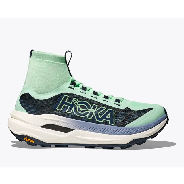 Side view of women's Hoka Tecton X 3 running shoe in Mint/Navy colour