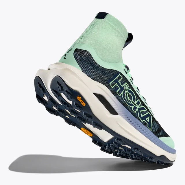 Sole view of women's Hoka Tecton X 3 running shoe in Mint/Navy colour