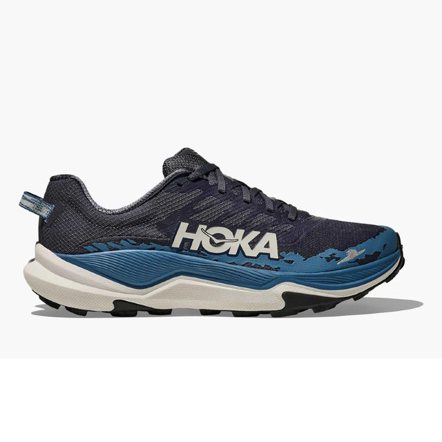 Side view of men's Hoka Torrent 4 trail running shoe in grey/blue colour
