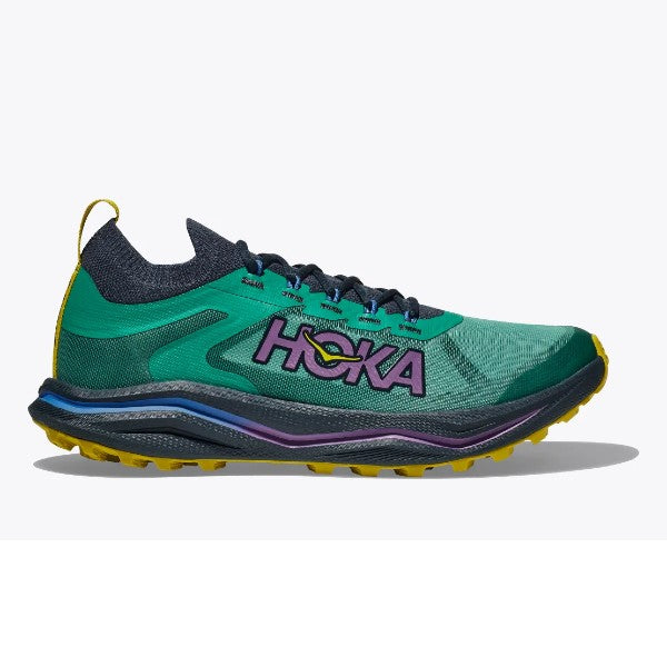 Side view of women's Hoka Zinal 2 trail running shoe in tech green/strata colour