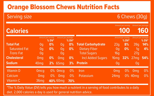 Nutrition facts label for Orange Blossom Chews with an orange background