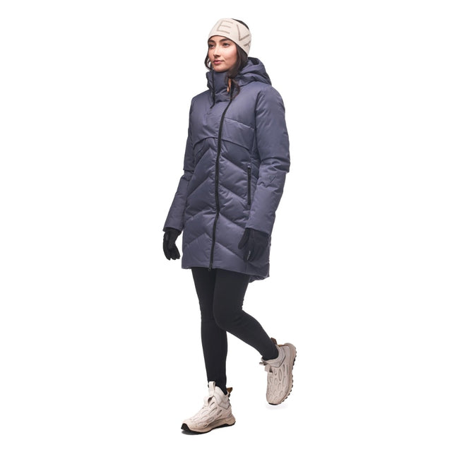 Side on-model view of women's blue/grey Indyeva Ayaba III winter jacket