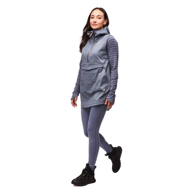 Side on-model view of women's grey/blue Indyeva Cangur tunic