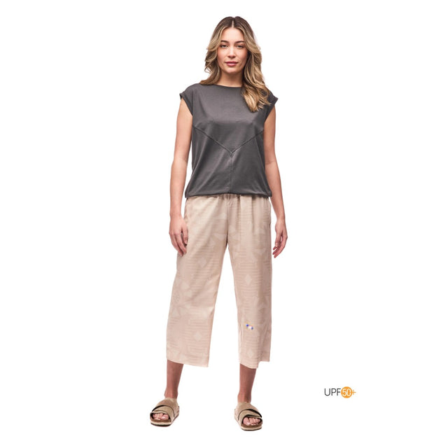 Front on-model view of Indyeva Goma Sleeveless Top in Thyme colour