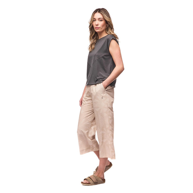 Side on-model view of Indyeva Goma Sleeveless Top in Thyme colour