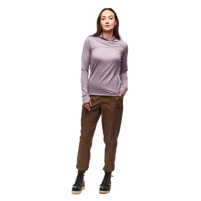 Woman wearing purple Indyeva Strike III long sleeve shirt