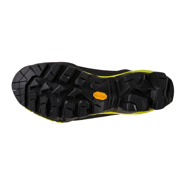Sole of men's La Sportiva Aequilibrium LT GTX hiking boot in carbon/lime colour