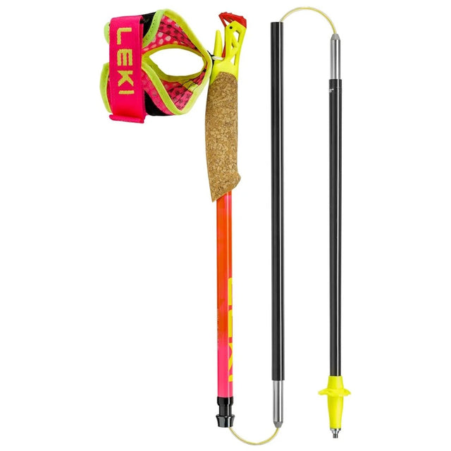 Folded collapsed view of neon pink & orange Leki Ultralight FX One Superlite trail running pole