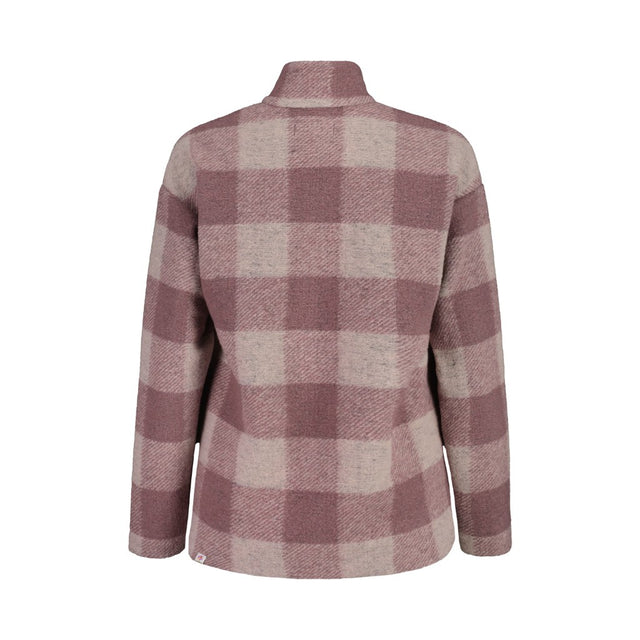Back view of women's maloja purple plaid wool jacket