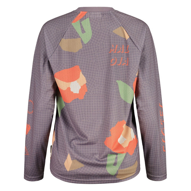 Back view of women's maloja FurculaM. bike long sleeve shirt in 'purple grid flower' colour
