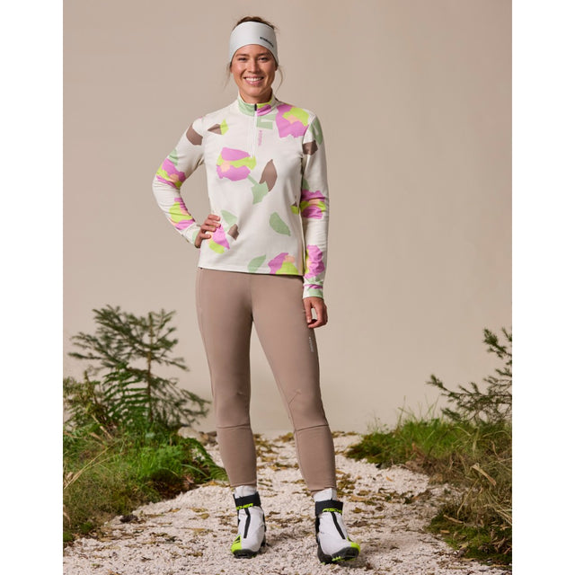 On-model view of women's white/floral maloja SawangM. long sleeve