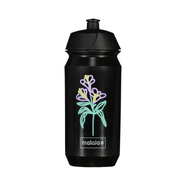 Black water bottle with floral design and 'maloja' branding