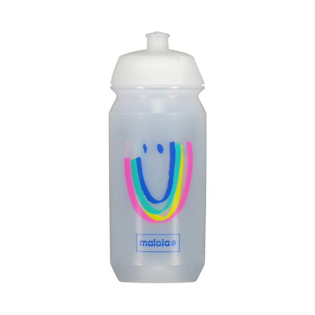 Maloja clear water bottle with a colorful smiley face design and white cap