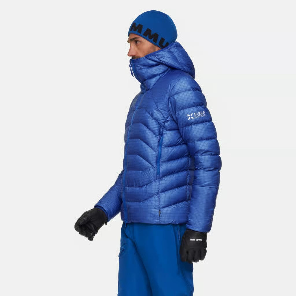 Side on-model view of men's blue Mammut Eiger Nordwand Down jacket