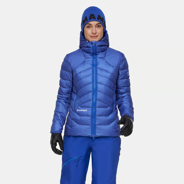 Front on-model view of women's blue Mammut Eiger Nordwand down jacket
