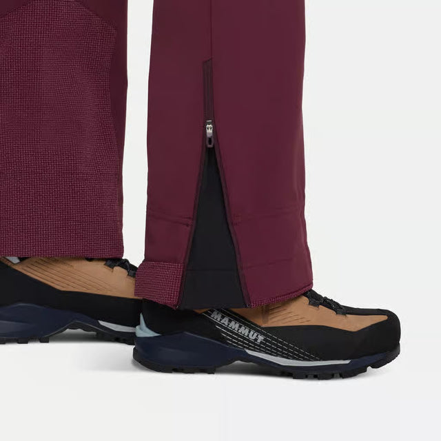 Ankle zipper detail of women's maroon Mammut Taiss Guide SO pants