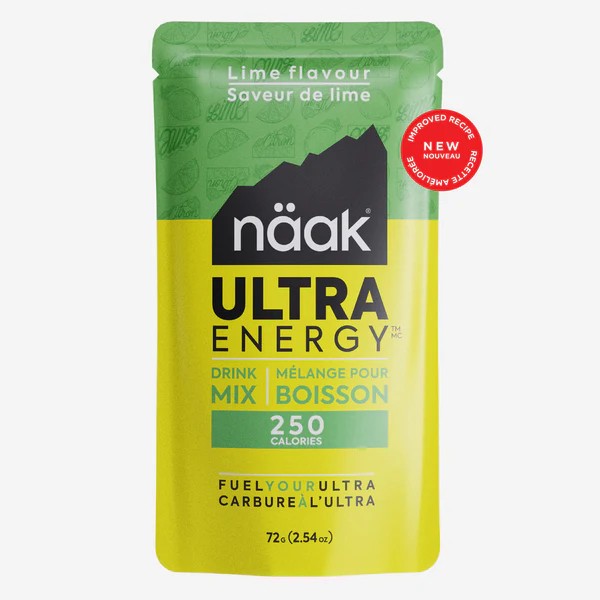 Single serve packet of naak energy drink mix, new lime flavour recipe
