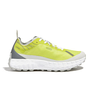 Side view of women's norda 001 trail running shoe in Sulphur lime/grey rubber