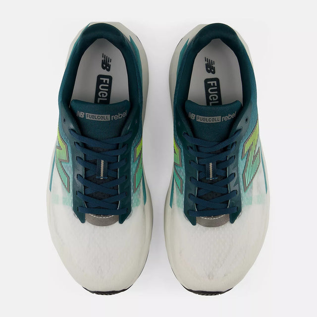 Top view of men's 'medusa green' (teal) New Balance FuelCell Rebel v5 running shoes