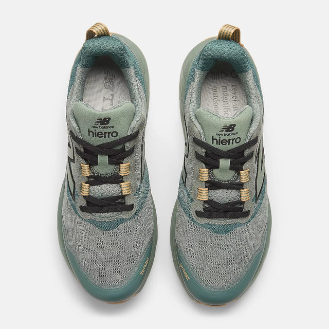 Top view of men's New Balance Hierro v9 trail running shoes in dark juniper/apricot colour