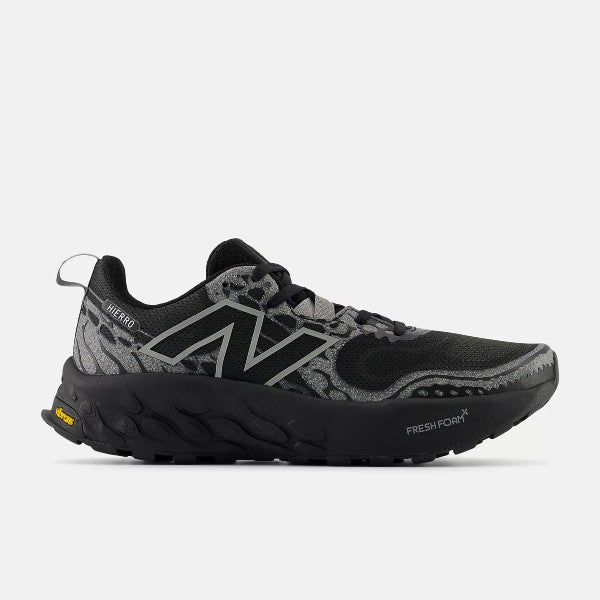 Side view of men's New Balance Fresh Foam X Hierro v8 running shoe in black/shadow grey