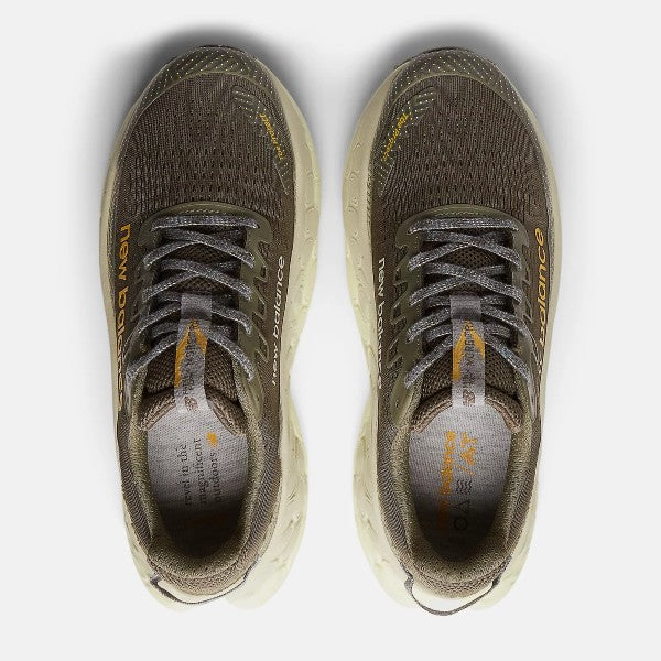 Top view of men's New Balance Fresh Foam X More Trail v3 running shoes in dark camo