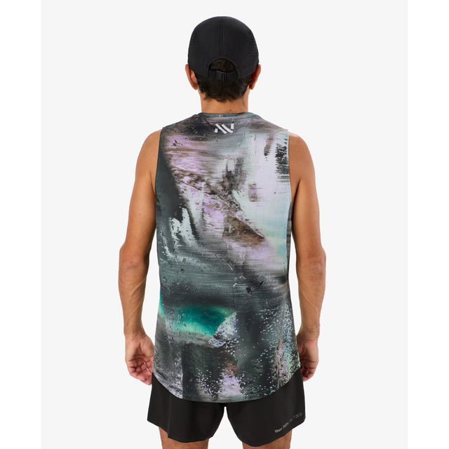 Back on-model view of men's NNormal race tank, 'Print' colour