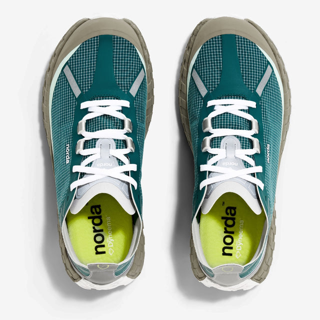 Top view of teal ('horizon') norda 001a trail running shoes