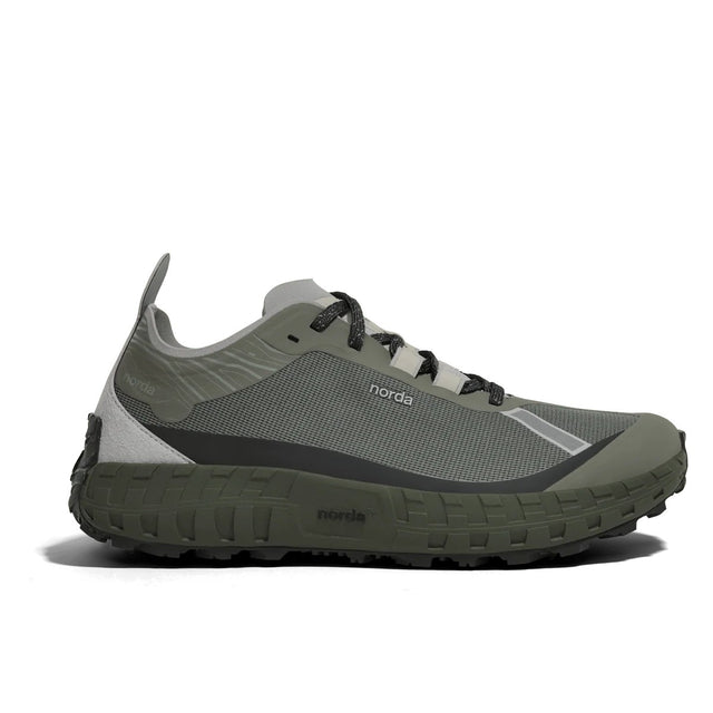 Side view of green ('serpentine') norda 001a trail running shoe