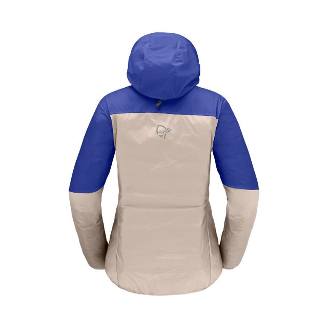 Back view of women's norrona falketind aero60 hood jacket in royal blue colour