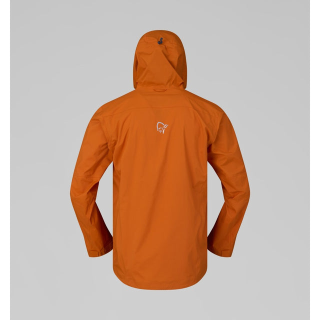 Back view of men's orange norrona falketind dri1 waterproof jacket