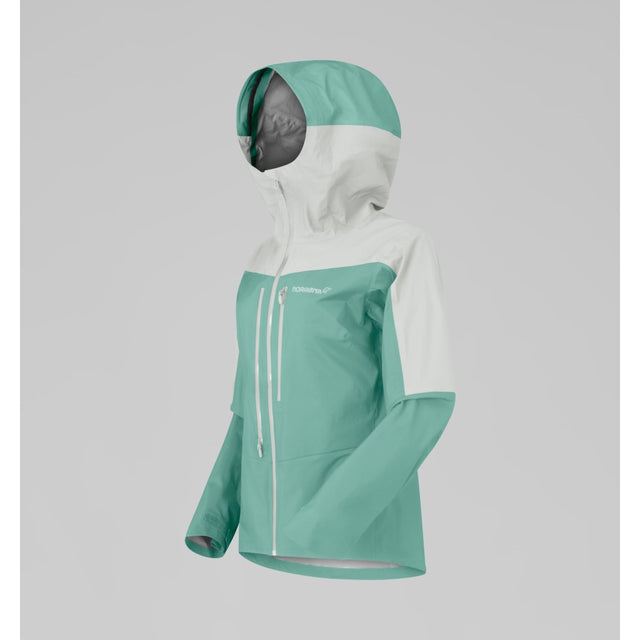 Side view of women's norrona falketind dri1 waterproof jacket in Malachite Green colour