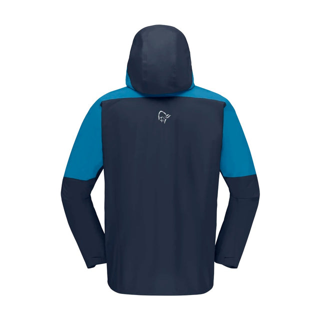 Back view of men's blue norrona falketind Gore-Tex Paclite jacket