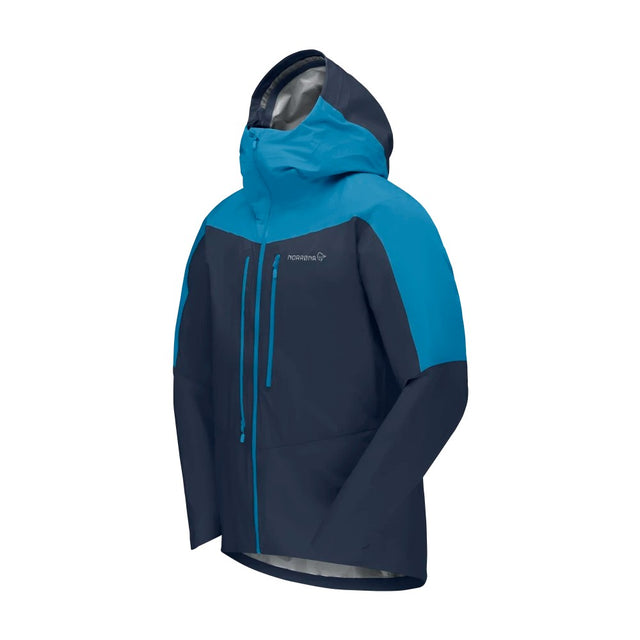 Side view of men's blue norrona falketind Gore-Tex Paclite jacket