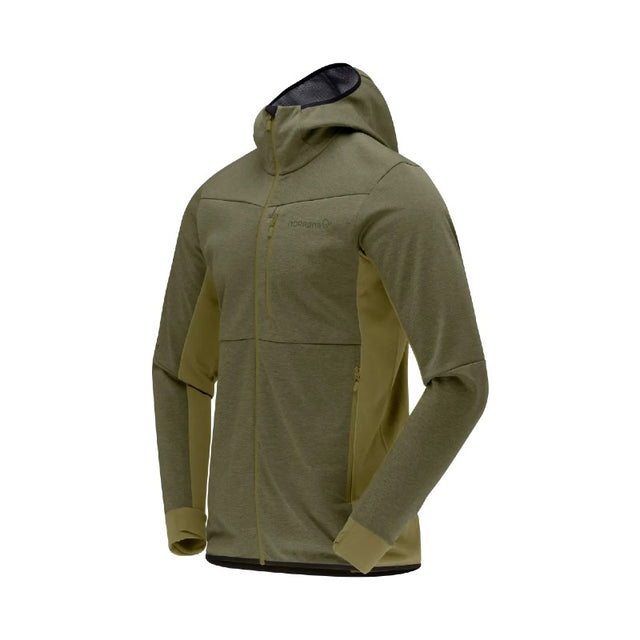 Side view of men's norrona falketind Warm2 Octa Hood jacket in olive colour